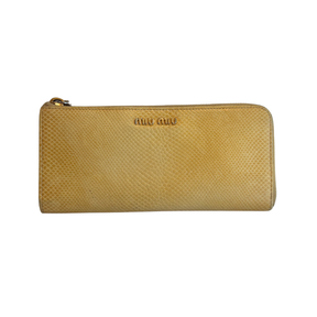 Front of Yellow Miu Miu Leather Zip Around Wallet on a White Background. 