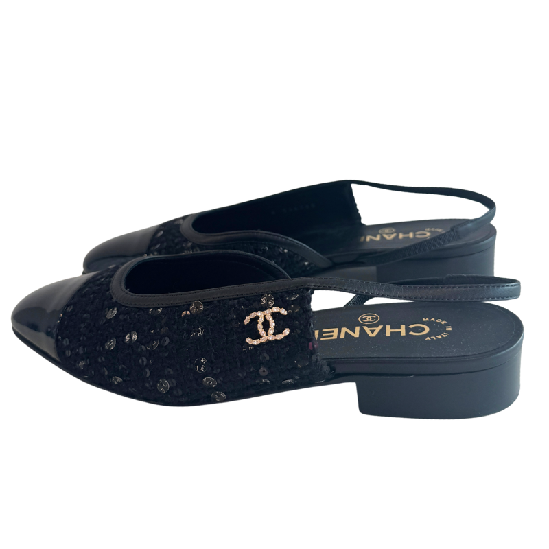 Chanel Interlocking CC Tweed Sequin Slingback Flats