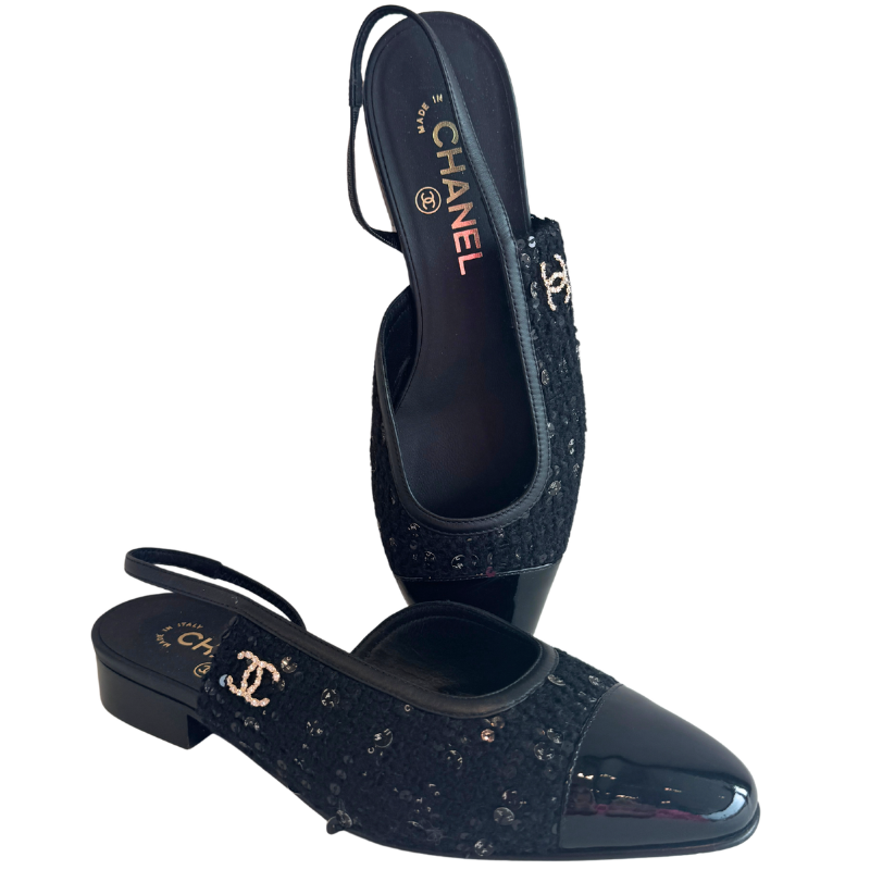 Chanel Interlocking CC Tweed Sequin Slingback Flats