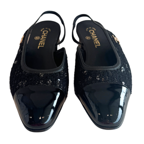 Chanel Interlocking CC Tweed Sequin Slingback Flats