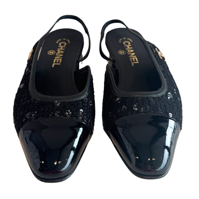 Chanel Interlocking CC Tweed Sequin Slingback Flats