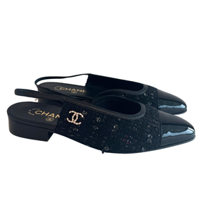 Chanel Interlocking CC Tweed Sequin Slingback Flats