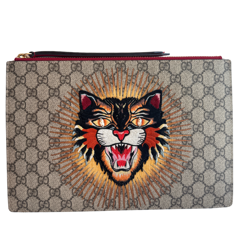 Gucci GG Supreme Angry Cat Embroidered Gem Pouch