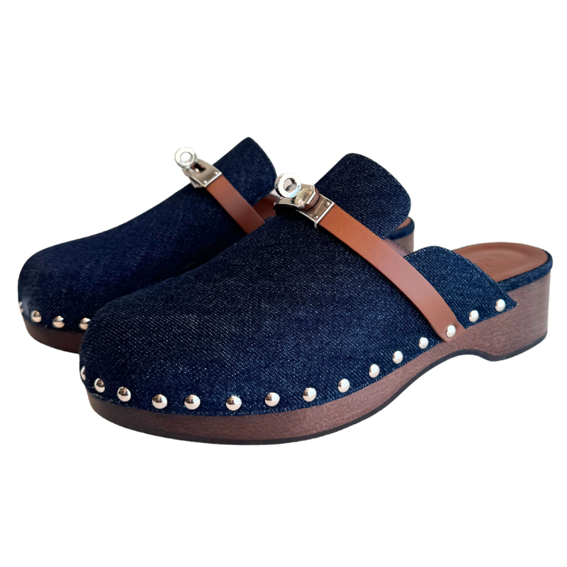 Hermes Denim Carlotta Mules Bleu Brut Gold