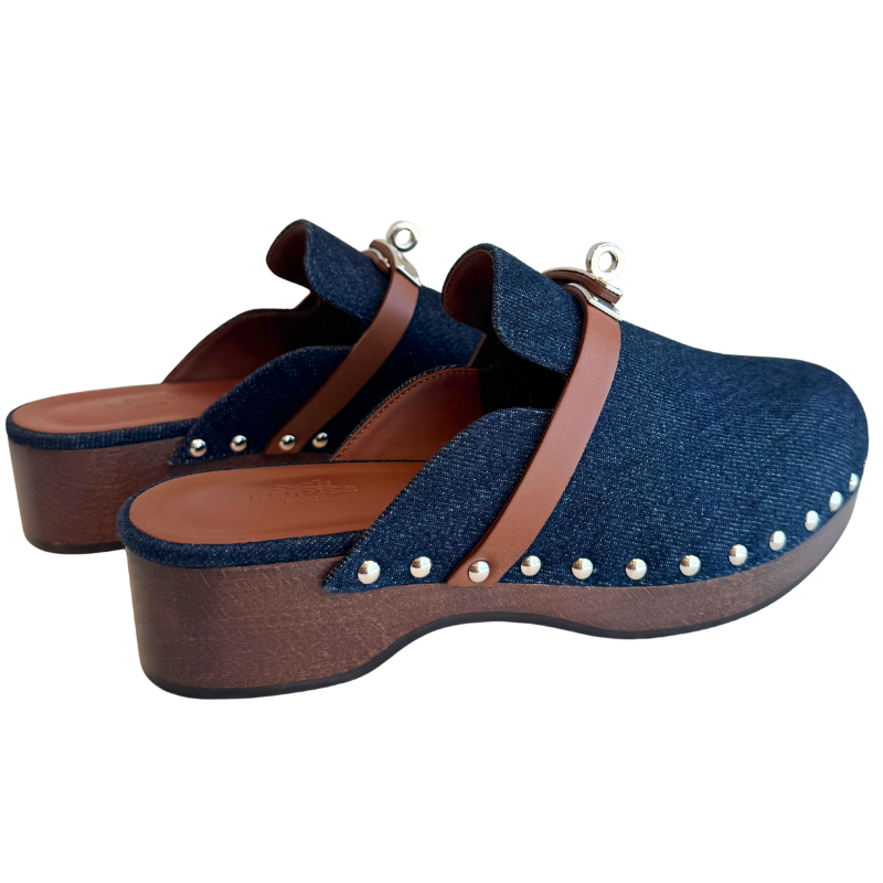 Hermes Denim Carlotta Mules Bleu Brut Gold