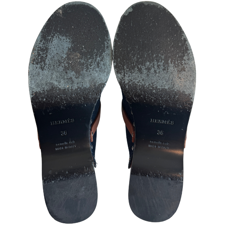 Hermes Denim Carlotta Mules Bleu Brut Gold