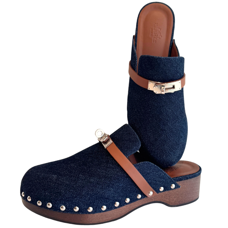Hermes Denim Carlotta Mules Bleu Brut Gold