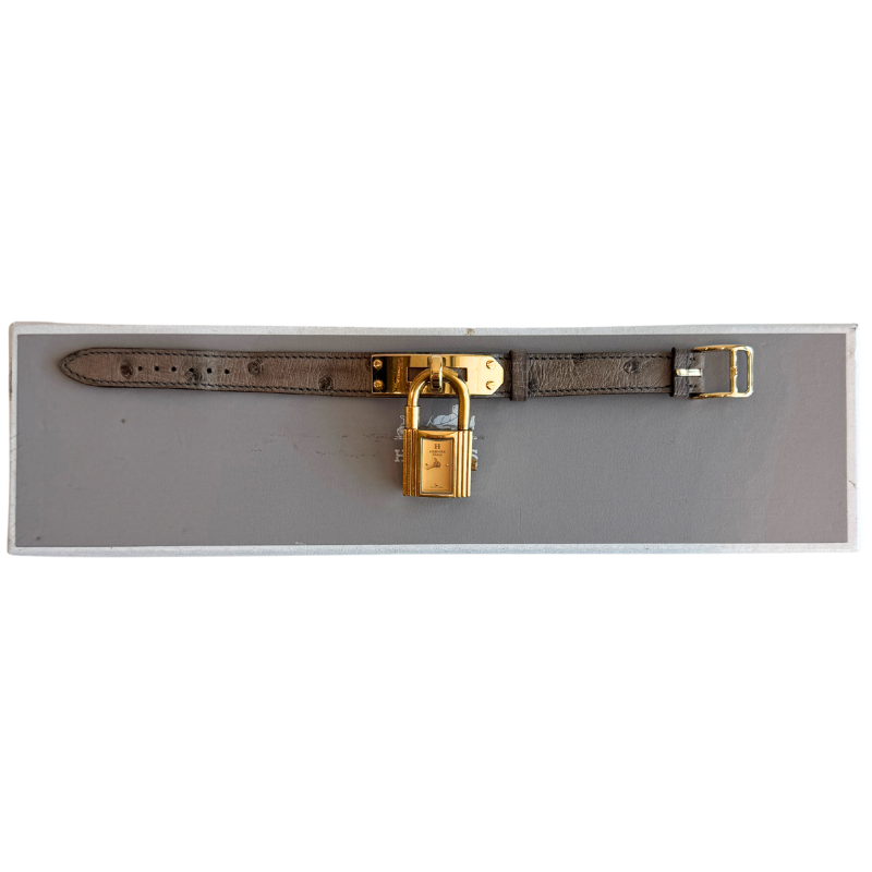 Hermes Gray Ostrich 20mm Kelly Cadena Quartz Lock Watch