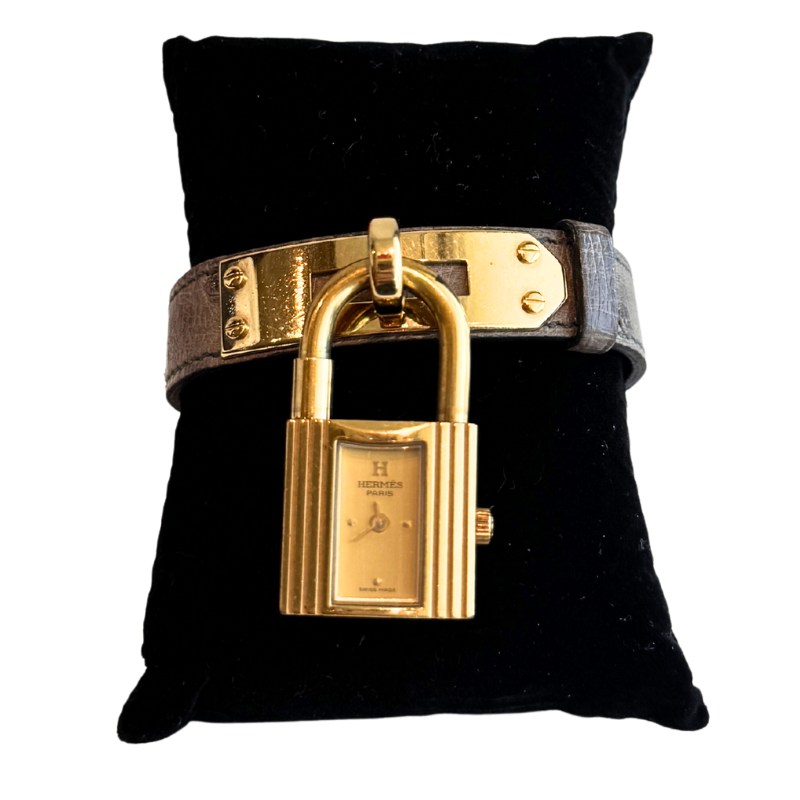 Hermes Gray Ostrich 20mm Kelly Cadena Quartz Lock Watch