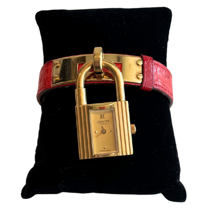 Hermes Red Ostrich 20mm Kelly Cadena Quartz Lock Watch