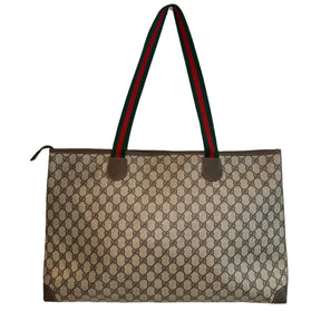 Gucci Boston Bag&nbsp;

Shoulder Tote

Brown Leather&nbsp;

GG Supreme&nbsp;

Leather Trim

Dual Shoulder Strap

Green &amp; Red Strap&nbsp;

Canvas Lining

Zipper Closure at Top&nbsp;