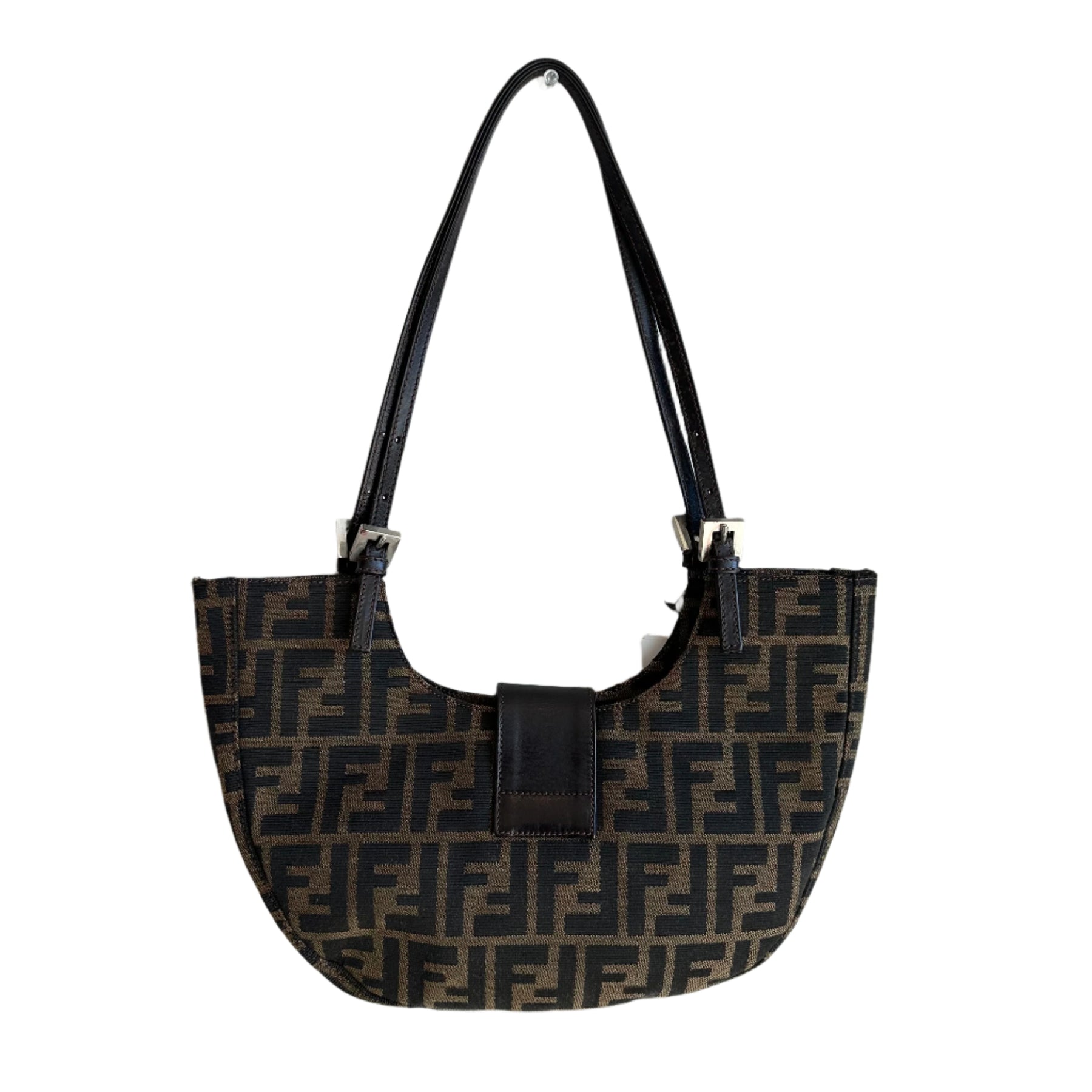 Fendi Zucca Half Moon&nbsp;

FF Monogram Pattern

Brown Canvas&nbsp;

Thin Brown Adjustable Straps&nbsp;

Silver-Toned Hardware

Snap Buckle Closure&nbsp;