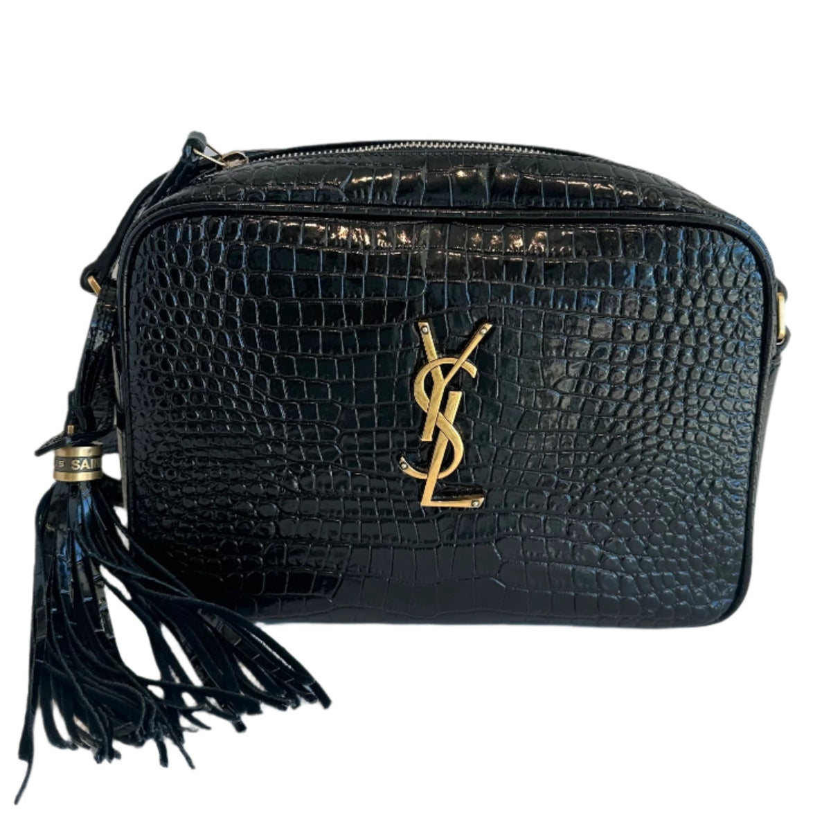 YSL Croc Camera Bag&nbsp;

Saint Laurent Crossbody Bag&nbsp;

Croc Pattern Black Leather&nbsp;

Gold-Toned Hardware

Single Adjustable Shoulder Strap

Tassel Accent&nbsp;