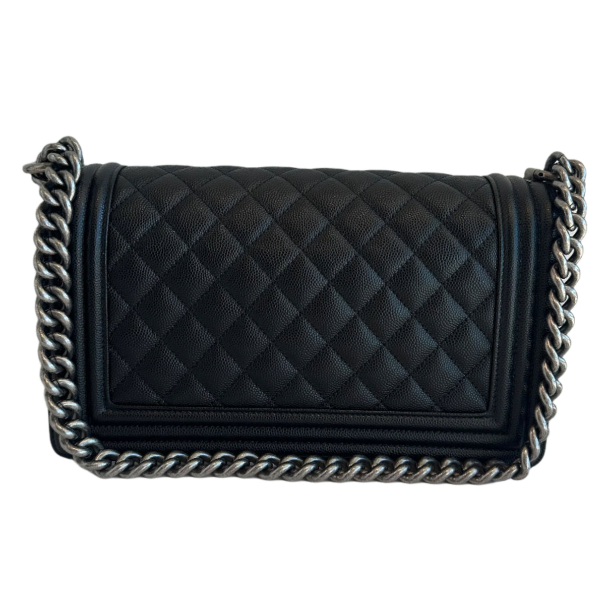 Chanel Boy Bag

Black&nbsp;

Medium Size&nbsp;

Interlocking CC Logo&nbsp;

Caviar Leather

Quilted Pattern&nbsp;

Chain-Link Accents

Single Adjustable Strap&nbsp;

Push Lock Closure&nbsp;

Dust Bag and Box Included&nbsp;