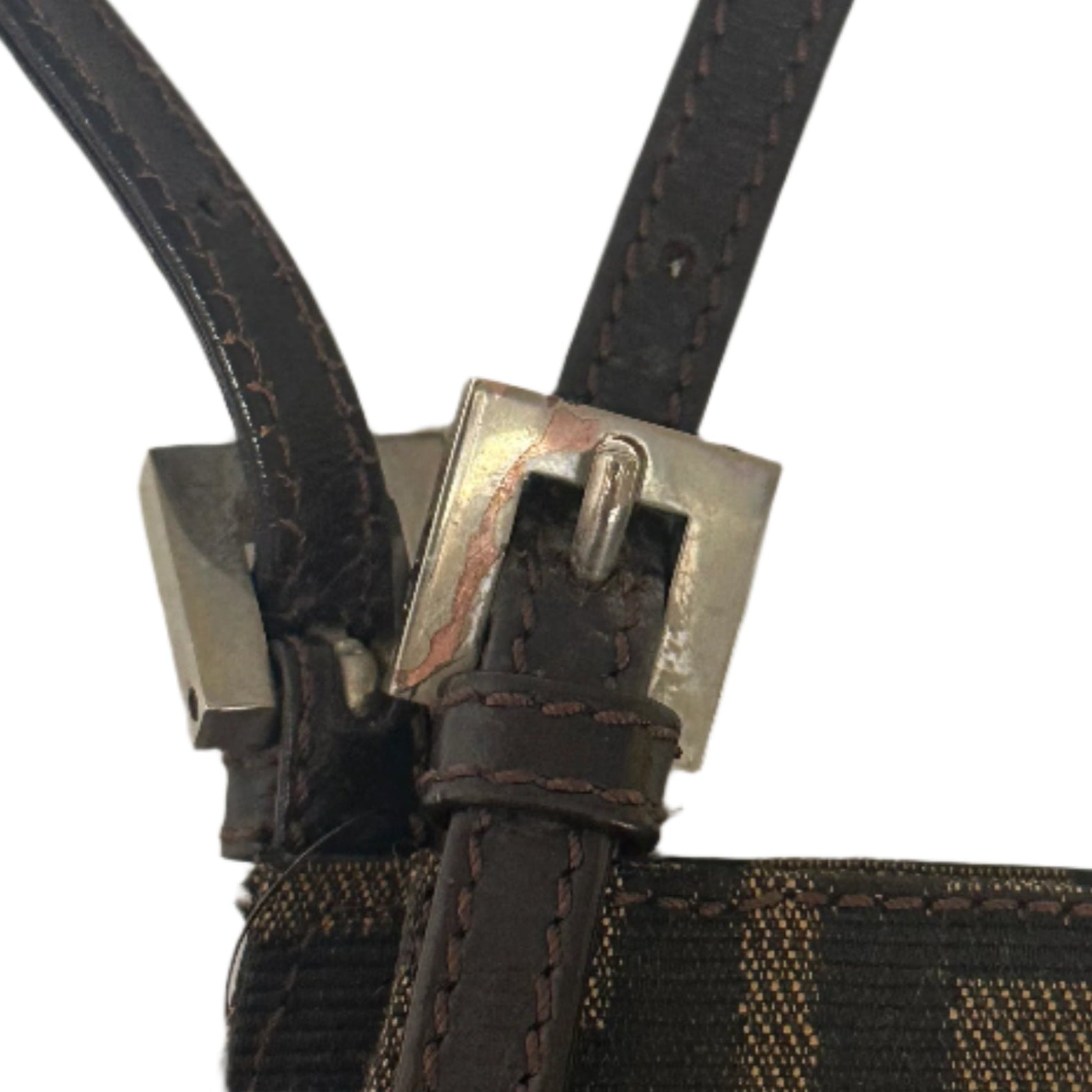 Fendi Zucca Half Moon&nbsp;

FF Monogram Pattern

Brown Canvas&nbsp;

Thin Brown Adjustable Straps&nbsp;

Silver-Toned Hardware

Snap Buckle Closure&nbsp;