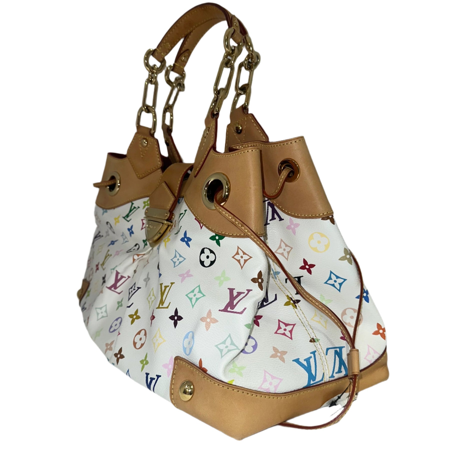 Louis Vuitton Ursula Multicolor&nbsp;

White Toile and Multicolor&nbsp;

Louis Vuitton Monogram&nbsp;

Vachetta Cowhide Leather Handles&nbsp;

Large Gold Chains

Press Lock Crossover Closure&nbsp;