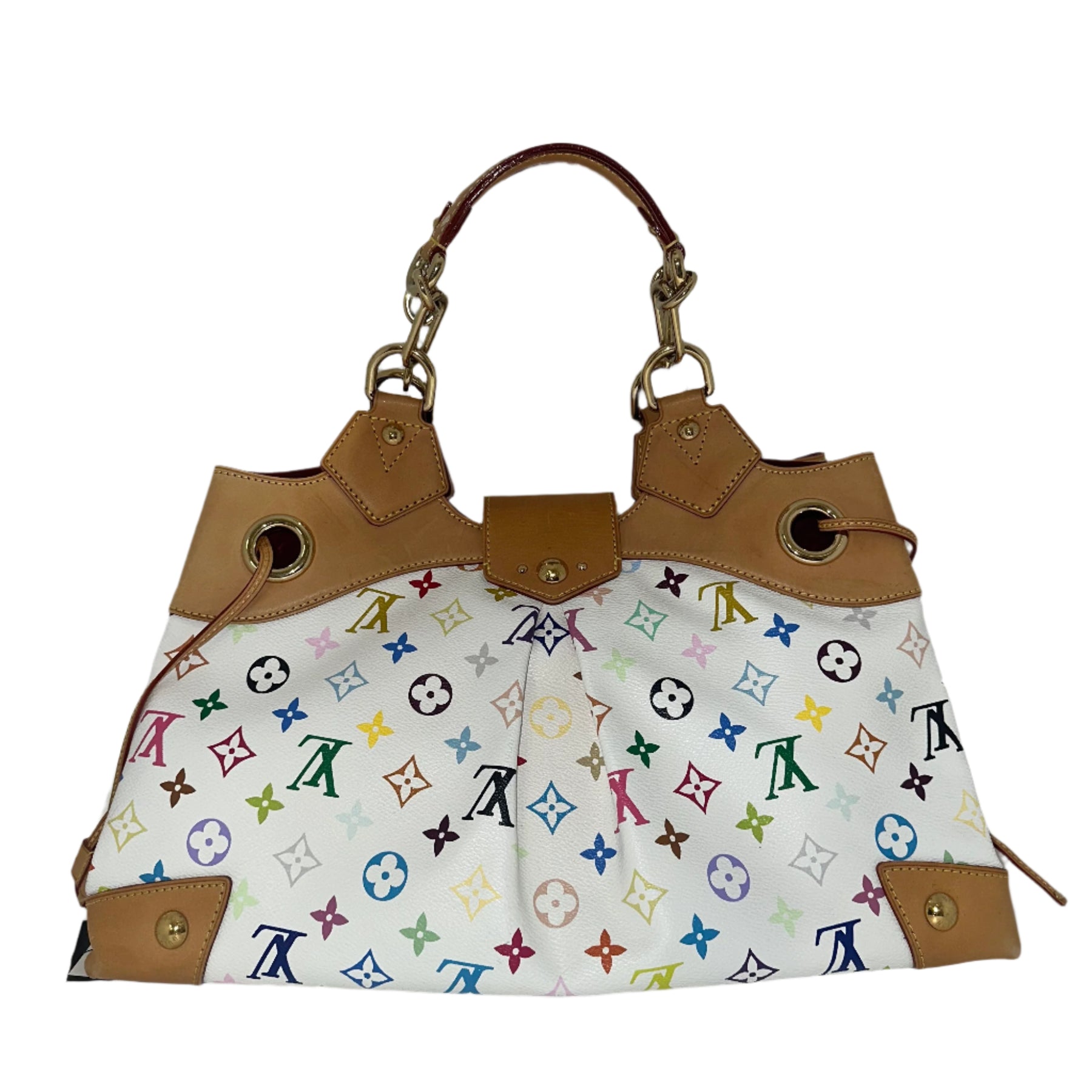 Louis Vuitton Ursula Multicolor&nbsp;

White Toile and Multicolor&nbsp;

Louis Vuitton Monogram&nbsp;

Vachetta Cowhide Leather Handles&nbsp;

Large Gold Chains

Press Lock Crossover Closure&nbsp;