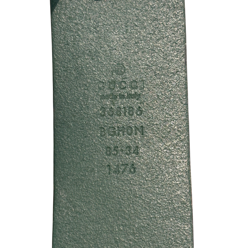 Item Details on Gucci GG Buckle Leather Belt on a white background. 