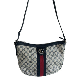 Gucci Ophidia Satchel&nbsp;  Beige and Blue GG Supreme Canvas&nbsp;  Blue Leather Trim  Silver-Toned Hardware  Cotton Linen Lining&nbsp;  Double G  Interior Zipper Pocket&nbsp;