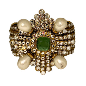 Chanel Stone Cuff&nbsp;  Gold-Toned Cuff  Crystal Embellishments&nbsp;  Green Stone&nbsp;  Pearl&nbsp;  Box Included&nbsp;