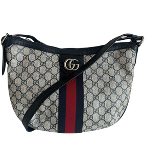 Gucci Ophidia Satchel&nbsp;  Beige and Blue GG Supreme Canvas&nbsp;  Blue Leather Trim  Silver-Toned Hardware  Cotton Linen Lining&nbsp;  Double G  Interior Zipper Pocket&nbsp;