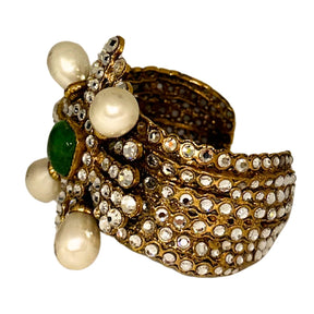 Chanel Stone Cuff&nbsp;  Gold-Toned Cuff  Crystal Embellishments&nbsp;  Green Stone&nbsp;  Pearl&nbsp;  Box Included&nbsp;