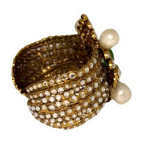 Chanel Stone Cuff&nbsp;  Gold-Toned Cuff  Crystal Embellishments&nbsp;  Green Stone&nbsp;  Pearl&nbsp;  Box Included&nbsp;