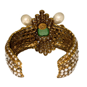 Chanel Stone Cuff&nbsp;  Gold-Toned Cuff  Crystal Embellishments&nbsp;  Green Stone&nbsp;  Pearl&nbsp;  Box Included&nbsp;