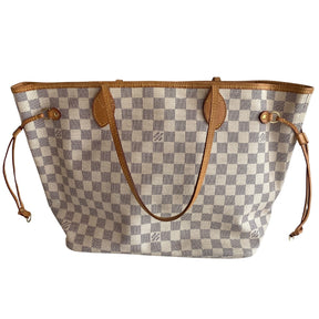 Louis Vuitton Damier Azur Neverfull MM  Classic Damier Azur Print Coated Canvas  Leather Trim And Shoulder Straps  Cream Striped Fabric Interior  Gold-Tone Hardware  Single Interior Zip Pocket