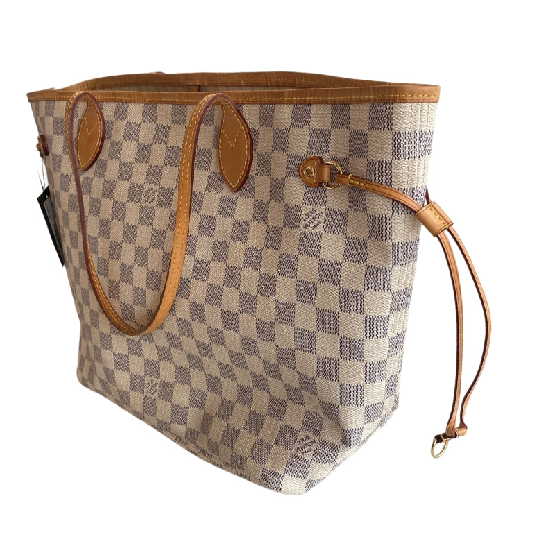 Louis Vuitton Damier Azur Neverfull MM  Classic Damier Azur Print Coated Canvas  Leather Trim And Shoulder Straps  Cream Striped Fabric Interior  Gold-Tone Hardware  Single Interior Zip Pocket