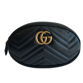 Gucci Marmont Belt Bag&nbsp;

Black Leather Exterior&nbsp;

GG Calfskin Matelasse&nbsp;

Chevron Quilted&nbsp;

Gold-Toned Hardware&nbsp;

Adjustable Strap&nbsp;