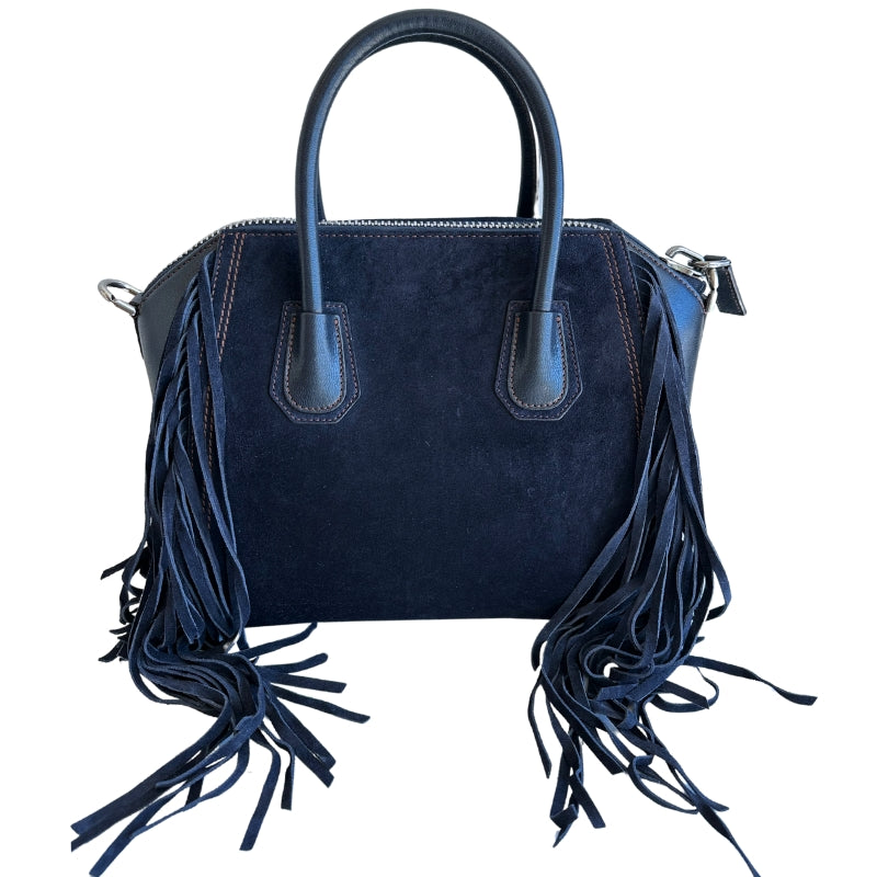 Givenchy Suede Fringe Tote&nbsp;

Navy Suede Exterior

Leather Handles and Sides

Fridge Embellishments on Side

Zipper at Top&nbsp;

Dual Handles&nbsp;