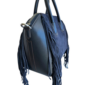 Givenchy Suede Fringe Tote&nbsp;

Navy Suede Exterior

Leather Handles and Sides

Fridge Embellishments on Side

Zipper at Top&nbsp;

Dual Handles&nbsp;