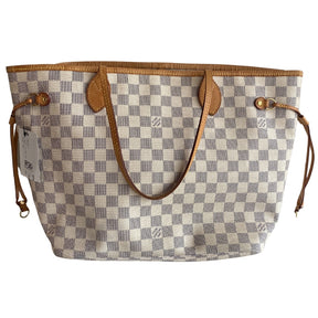 Louis Vuitton Damier Azur Neverfull MM  Classic Damier Azur Print Coated Canvas  Leather Trim And Shoulder Straps  Cream Striped Fabric Interior  Gold-Tone Hardware  Single Interior Zip Pocket