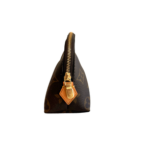 Left Side of Brown Louis Vuitton Monogram Cosmetic Pouch on a White Background. 