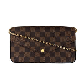 Louis Vuitton Felecie Pochette&nbsp;

Louis Vuitton Shoulder Bag

Brown Coated Canvas

Damier Ebene Pattern

Brass Hardware

Chain-Link Shoulder Strap&nbsp;

Canvas Lining&nbsp;

Detatchable Interior Pouch and Cardholder&nbsp;