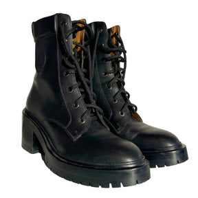 Hermes Black Leather Tie Up Combat Boots