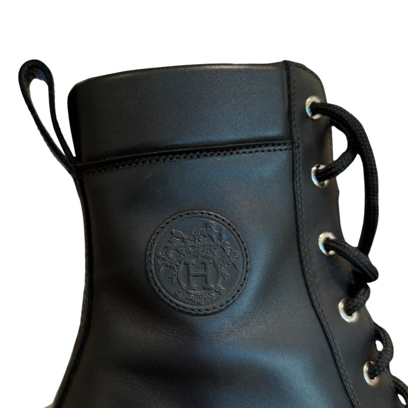 Hermes Black Leather Tie Up Combat Boots