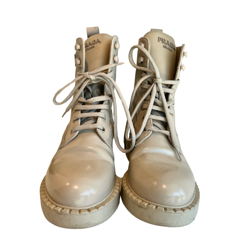 Prada Enameled Metal Triangle Nylon & Leather Combat Boots
