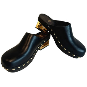 Fendi Studded Logo-Heel Leather Clogs