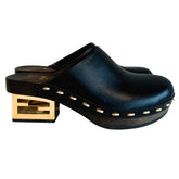 Fendi Studded Logo-Heel Leather Clogs