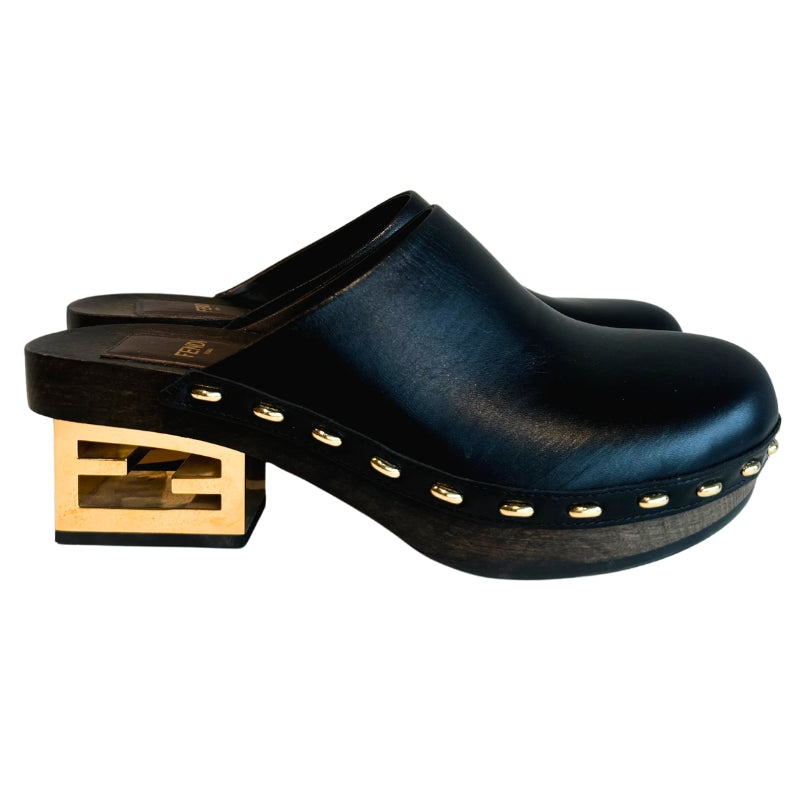 Fendi Studded Logo-Heel Leather Clogs