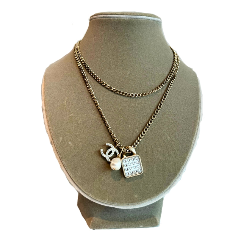 Chanel Crystal Pearl Resin CC Drop Chain Necklace