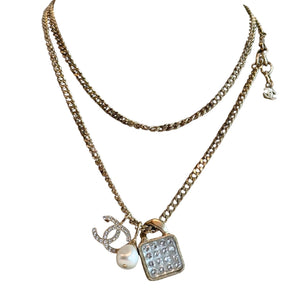 Chanel Crystal Pearl Resin CC Drop Chain Necklace