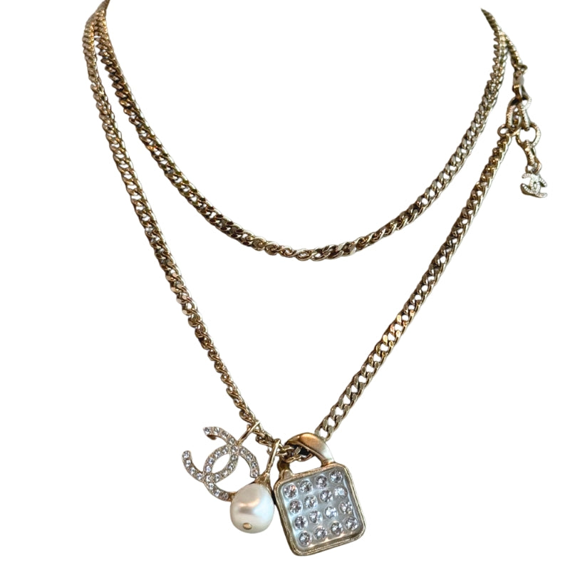 Chanel Crystal Pearl Resin CC Drop Chain Necklace