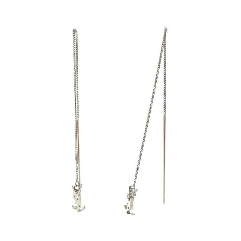 Saint Laurent Silver Metal Monogram Pendant Threader Earrings