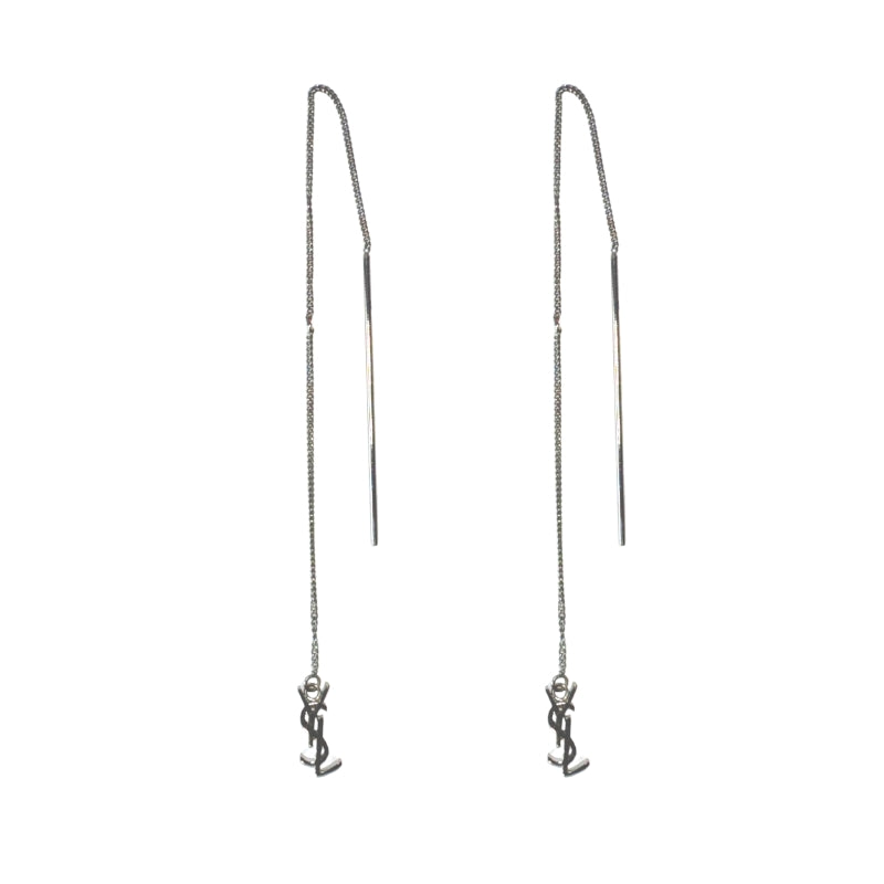 Saint Laurent Silver Metal Monogram Pendant Threader Earrings