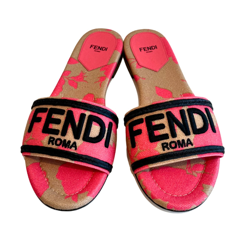 Fendi Canvas Rose Logo Embroidered Flat Slide