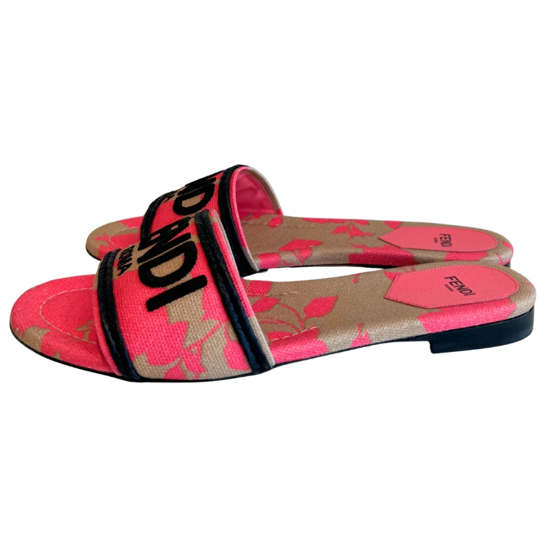 Fendi Canvas Rose Logo Embroidered Flat Slide