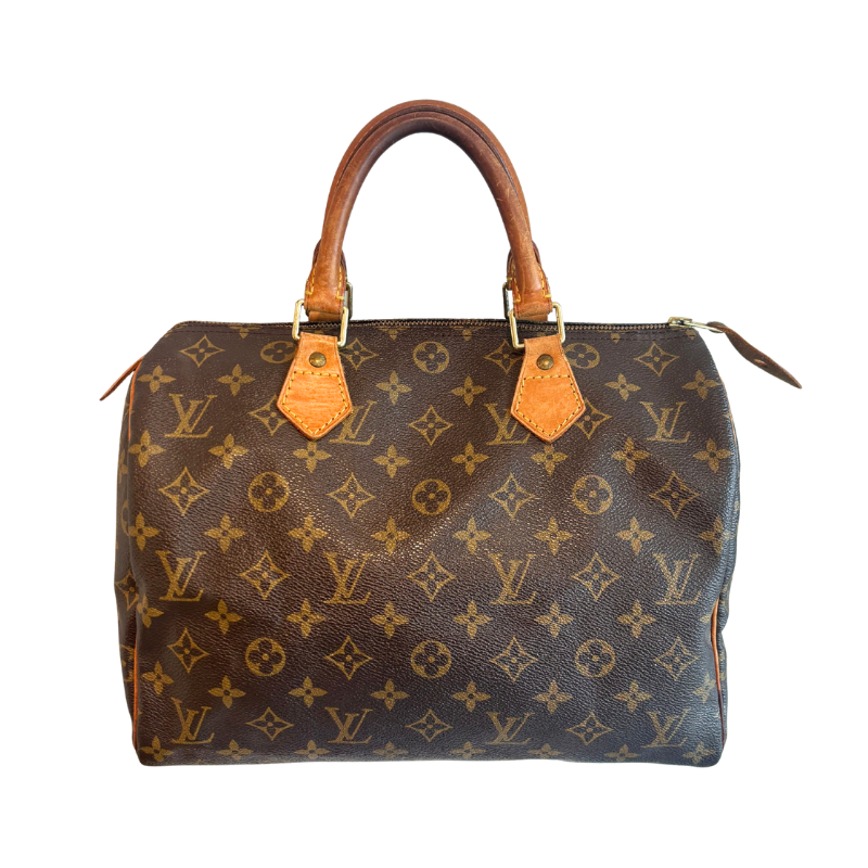 Front of Brown Louis Vuitton Monogram Speedy 30 Boston Bag on a white background. 